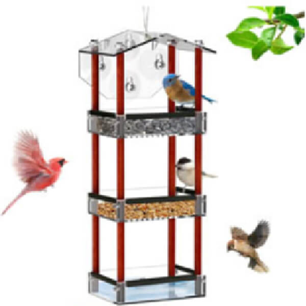 Станция за хранене на птици, с дизайн на 3 етажа, има много място за хранене на различни видове птици.