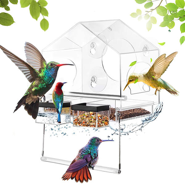 Hrănitor transparent pentru păsări, cu ventuze puternice