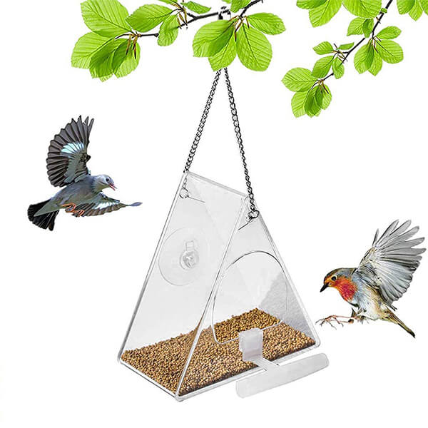 Hrănitoare pentru păsări suspendată, atașată pe o ramură de copac